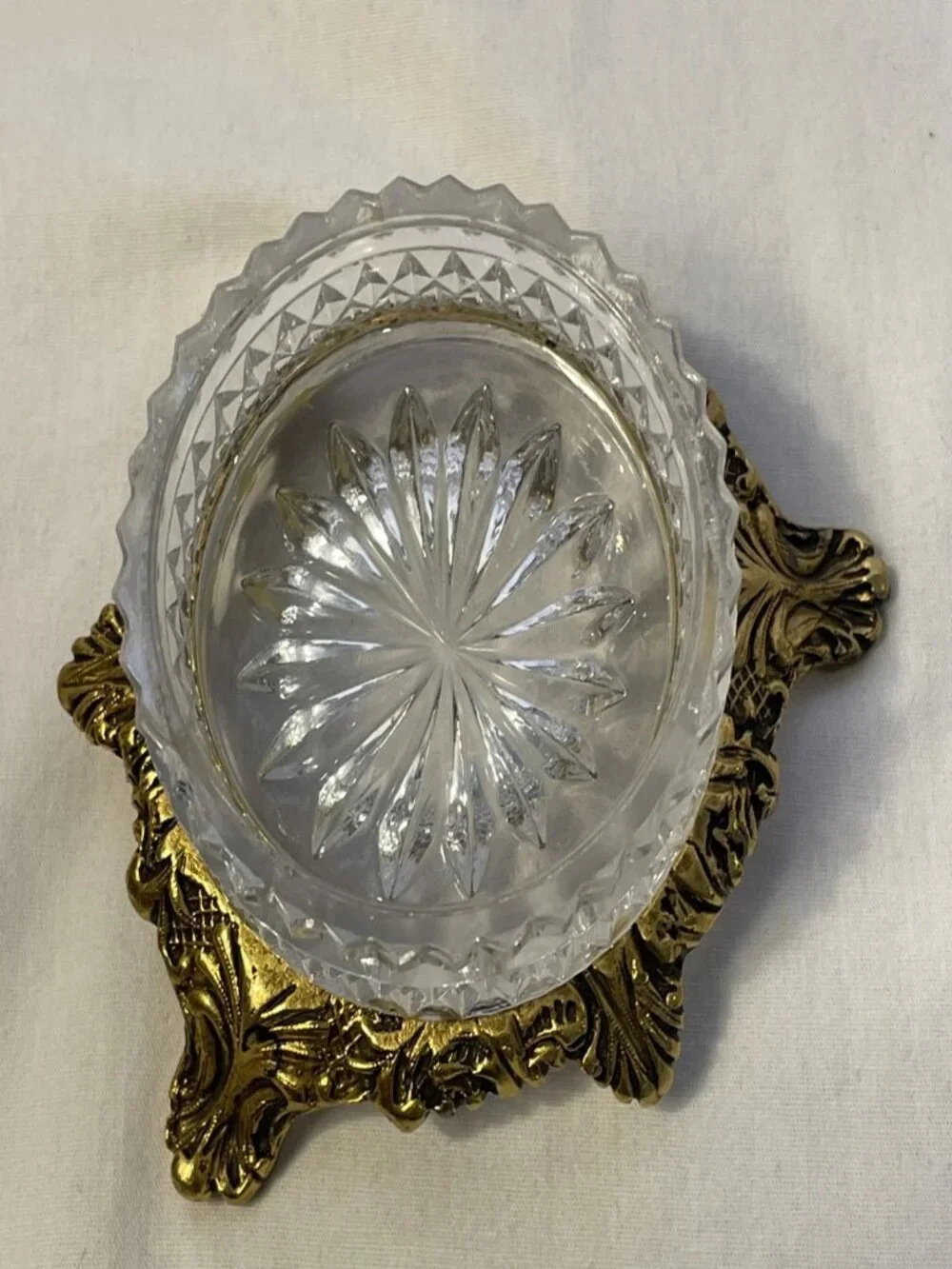 Vintage Crystal Salt Cellar Set Gold Filigree Footed Condiment Jam Bowls Spoon